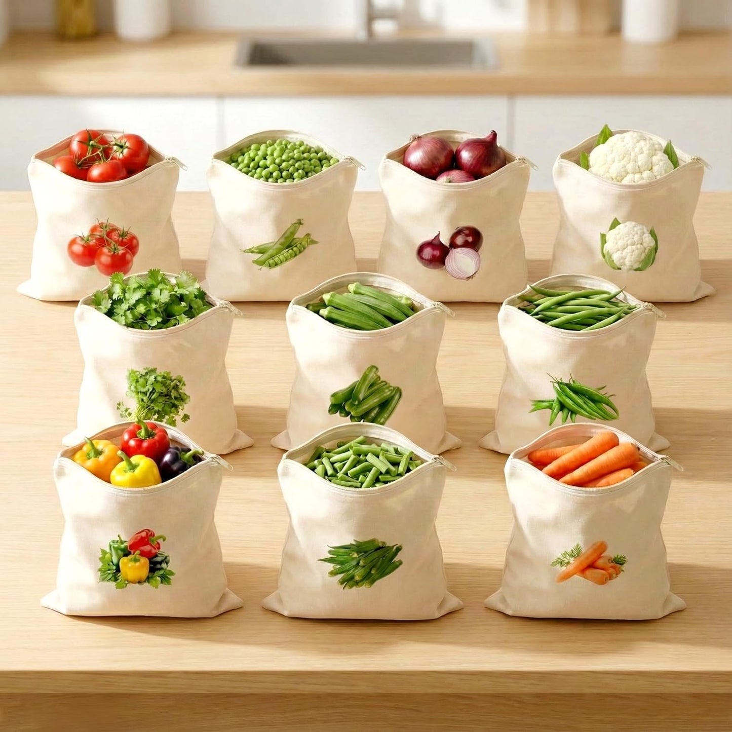 100% Cotton Reusable Vegetable Bags for Fridge | Eco-friendly Storage Bags for Kitchen Organizer | 10 Pcs | Washable Breathable Zipper Cloth Bags for Vegetables(Pack of 10)