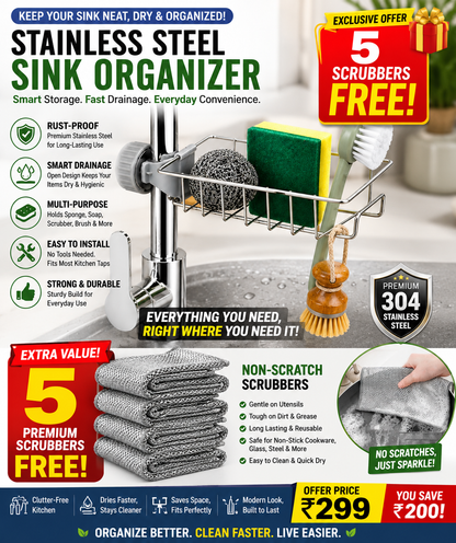 Kitchen Sink Organizer Stainless Steel (FREE Non Scratchable Scrubber)