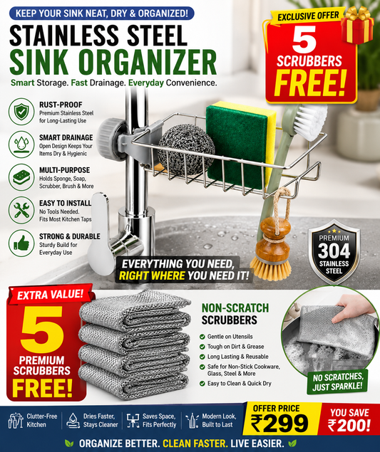Kitchen Sink Organizer Stainless Steel (FREE Non Scratchable Scrubber)