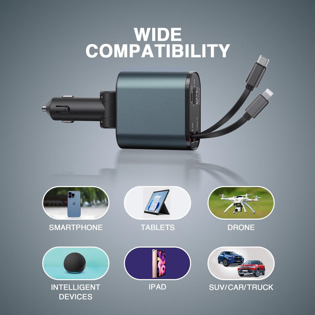CarChargePro™ – 4-in-1 Fast Car Charger 120 Watts - 80CM Retractable Type-C Charging- For iPhone and Android