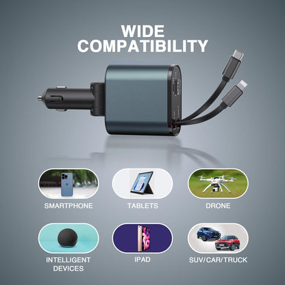 CarChargePro™ – 4-in-1 Fast Car Charger 120 Watts - 80CM Retractable Type-C Charging- For iPhone and Android