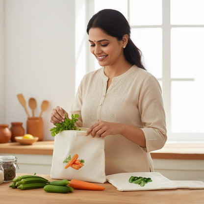 100% Cotton Reusable Vegetable Bags for Fridge | Eco-friendly Storage Bags for Kitchen Organizer | 10 Pcs | Washable Breathable Zipper Cloth Bags for Vegetables(Pack of 10)