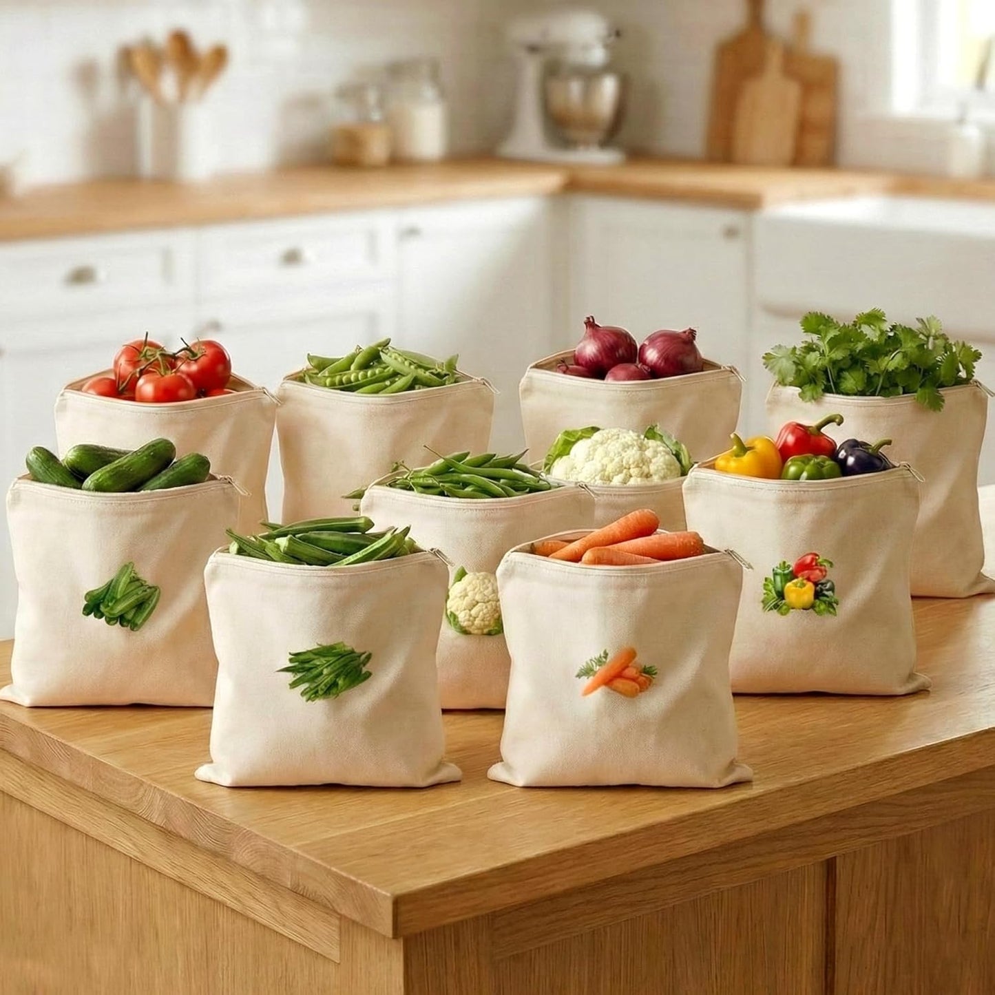 100% Cotton Reusable Vegetable Bags for Fridge | Eco-friendly Storage Bags for Kitchen Organizer | 10 Pcs | Washable Breathable Zipper Cloth Bags for Vegetables(Pack of 10)