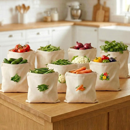 100% Cotton Reusable Vegetable Bags for Fridge | Eco-friendly Storage Bags for Kitchen Organizer | 10 Pcs | Washable Breathable Zipper Cloth Bags for Vegetables(Pack of 10)