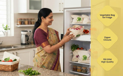 100% Cotton Reusable Vegetable Bags for Fridge | Eco-friendly Storage Bags for Kitchen Organizer | 10 Pcs | Washable Breathable Zipper Cloth Bags for Vegetables(Pack of 10)