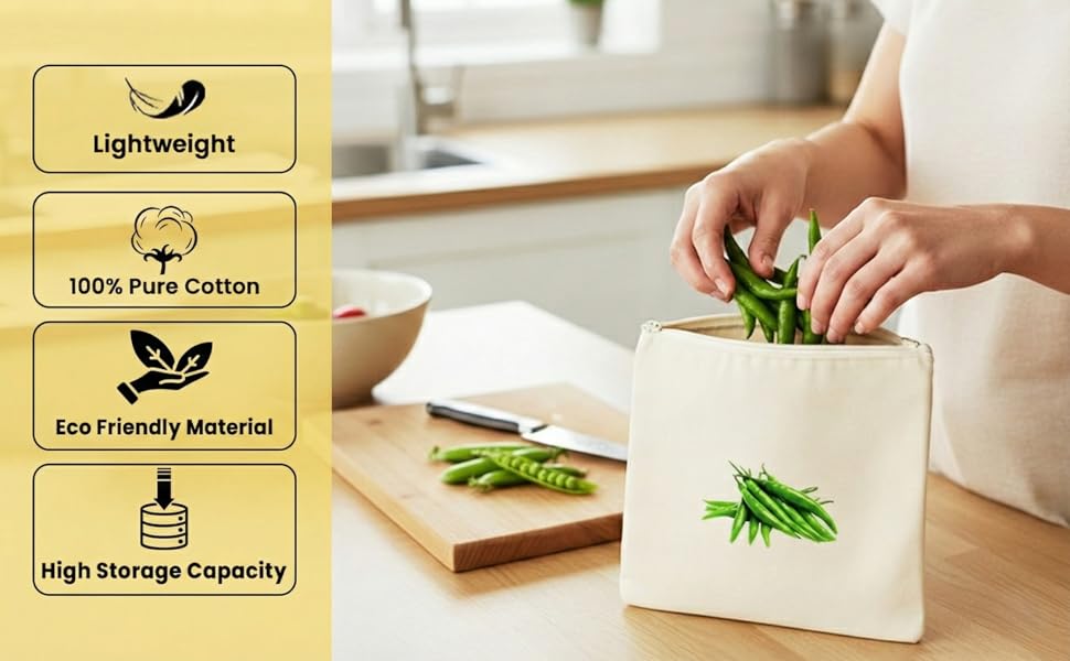 100% Cotton Reusable Vegetable Bags for Fridge | Eco-friendly Storage Bags for Kitchen Organizer | 10 Pcs | Washable Breathable Zipper Cloth Bags for Vegetables(Pack of 10)