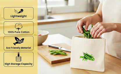 100% Cotton Reusable Vegetable Bags for Fridge | Eco-friendly Storage Bags for Kitchen Organizer | 10 Pcs | Washable Breathable Zipper Cloth Bags for Vegetables(Pack of 10)