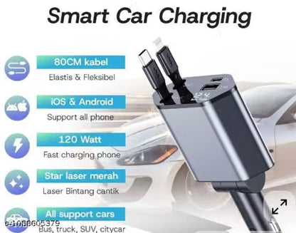 CarChargePro™ – 4-in-1 Fast Car Charger 120 Watts - 80CM Retractable Type-C Charging- For iPhone and Android
