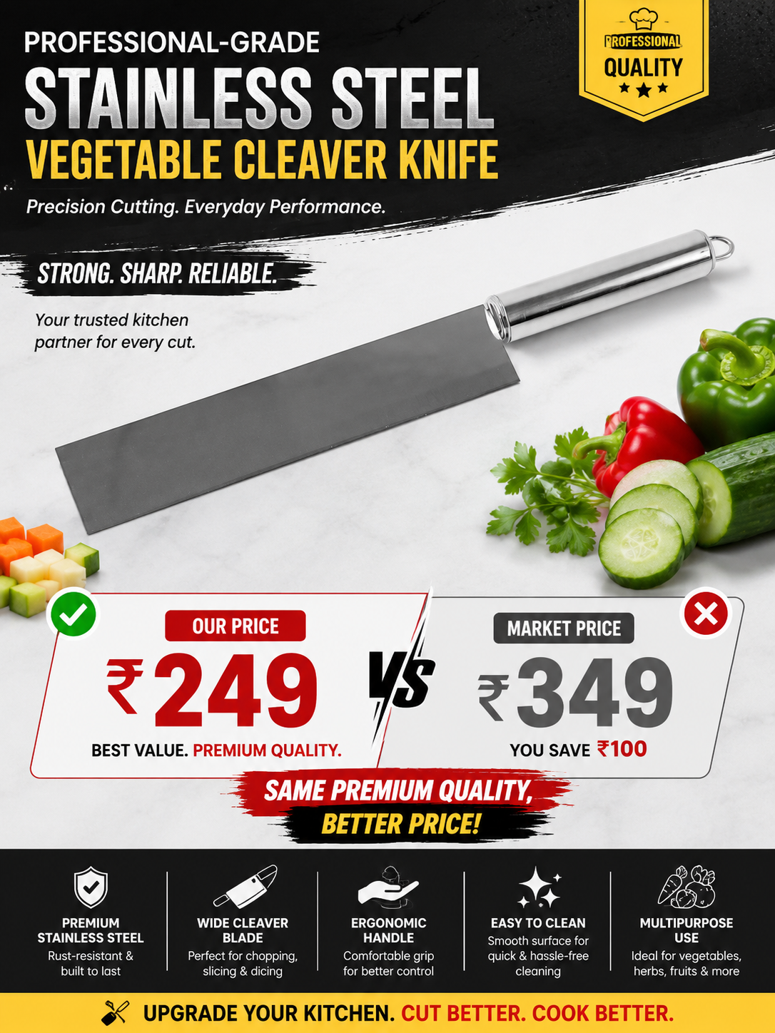 Professional-Grade Stainless Steel Vegetable Cleaver Knife 1 Pc