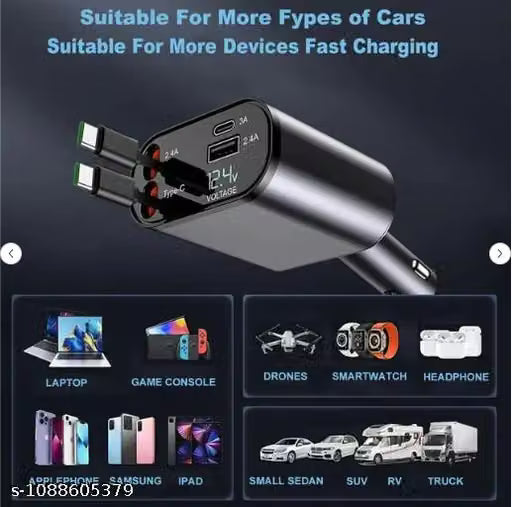 CarChargePro™ – 4-in-1 Fast Car Charger 120 Watts - 80CM Retractable Type-C Charging- For iPhone and Android